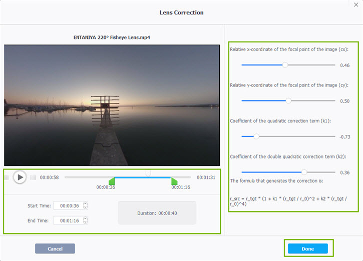 Fisheye Lens Correction Settings