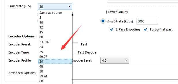 Recomendação de configurações de taxa de quadros de handbrake